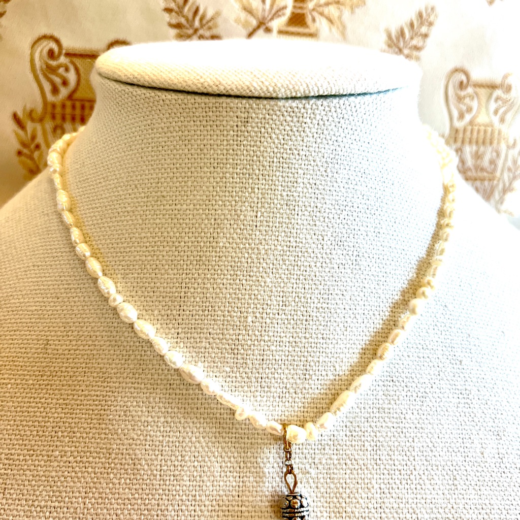 Cultured Pearl Rice Bead Necklace With Silver Tone Minimalist Oval Pendant